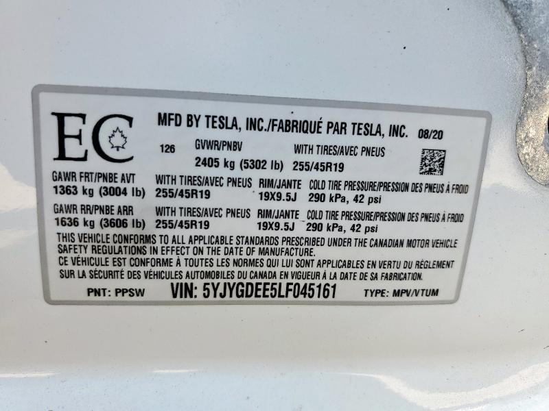 5YJYGDEE5LF045161 - 2020 TESLA MODEL Y 白色 照片 12