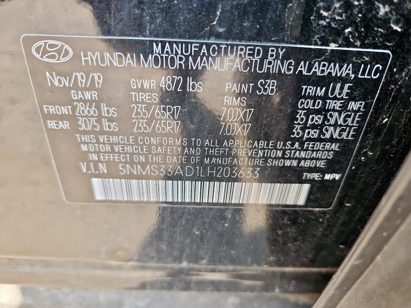 5NMS33AD1LH203633 - 2020 HYUNDAI SANTA FE SEL BLACK photo 13