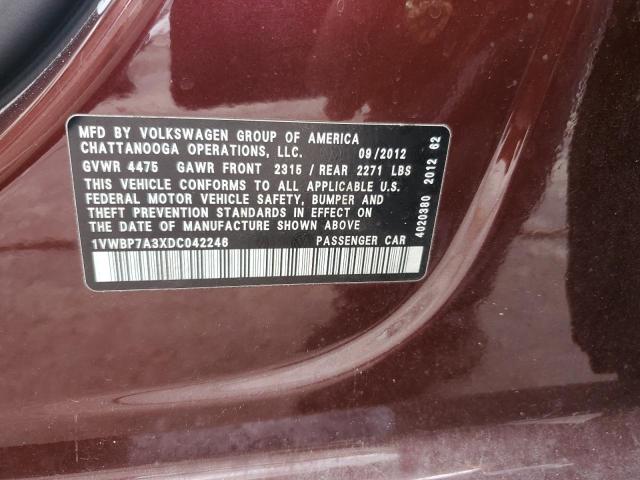 1VWBP7A3XDC042246 - 2013 VOLKSWAGEN PASSAT SE 紫色 照片 12