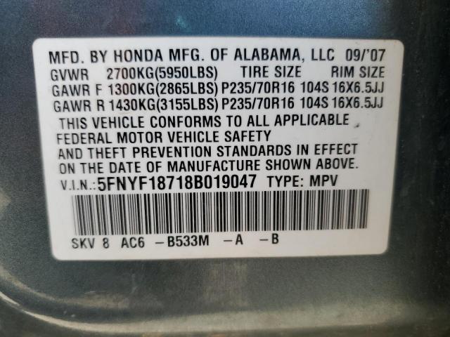 5FNYF18718B019047 - 2008 HONDA PILOT EXL GRAY photo 13
