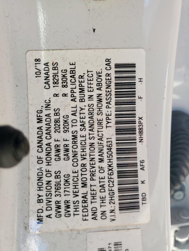 2HGFC2F6XKH504631 - 2019 HONDA CIVIC LX თეთრი ფოტო 12