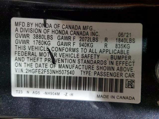 2HGFE2F53NH507540 - 2022 HONDA CIVIC SPORT أزرق صورة 12