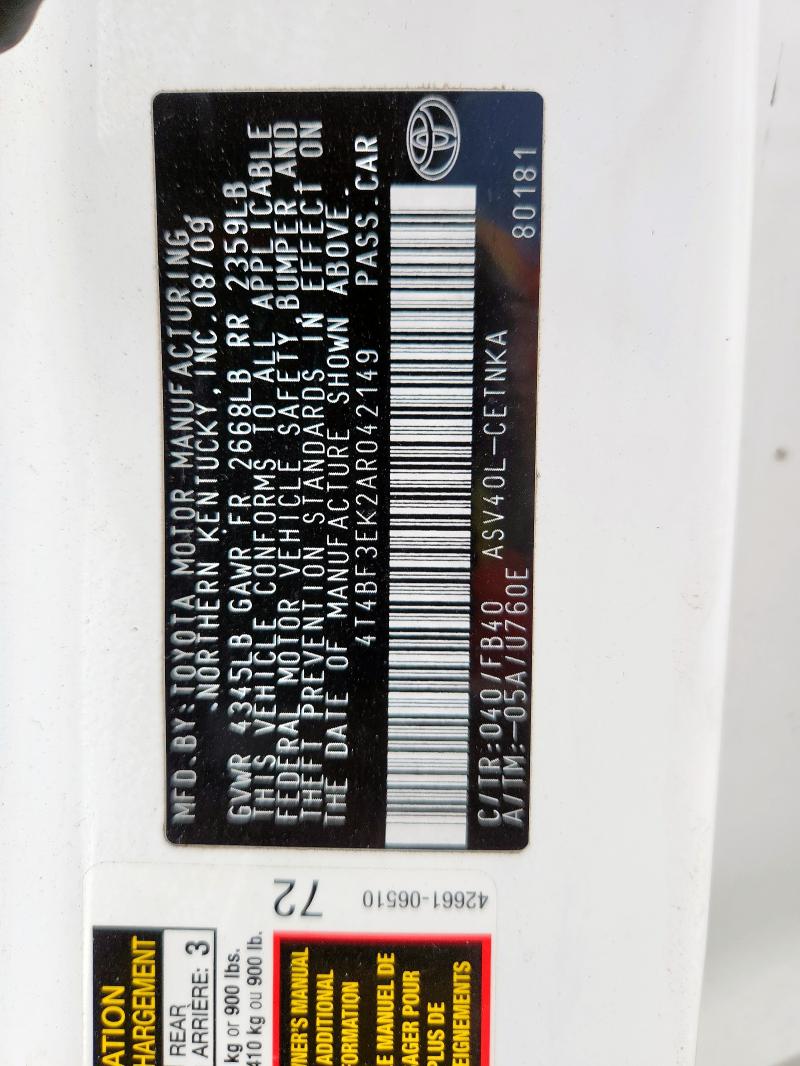 4T4BF3EK2AR042149 - 2010 TOYOTA CAMRY BASE Weiß Foto 12