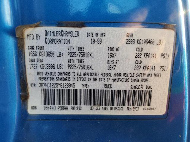 3B7HC12Z9YG128045 - 2000 DODGE RAM 1500 蓝色 照片 12