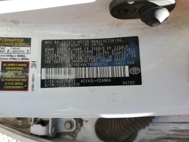 4T1BE46K19U869752 - 2009 TOYOTA CAMRY BASE WHITE photo 12