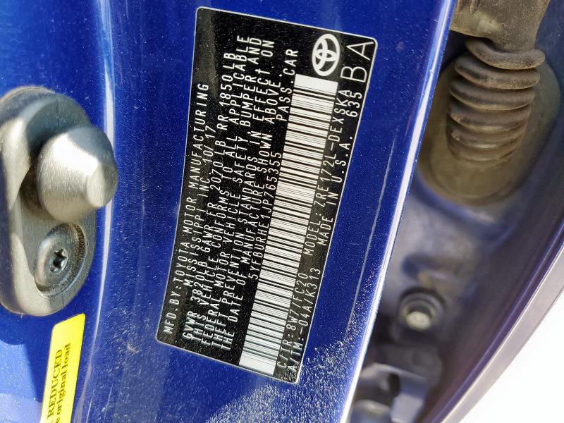 5YFBURHE1JP765355 - 2018 TOYOTA COROLLA L BLUE photo 12