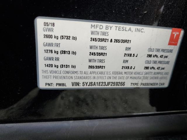 5YJSA1E23JF259266 - 2018 TESLA MODEL S BLACK photo 12