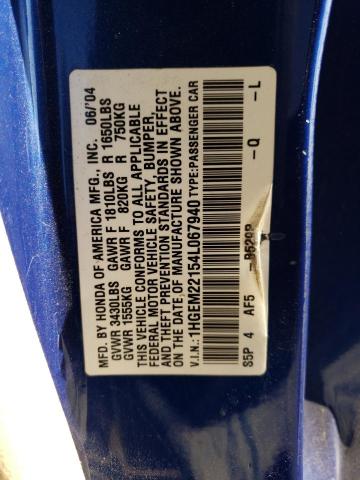 1HGEM22154L067940 - 2004 HONDA CIVIC DX VP Mavi foto 12
