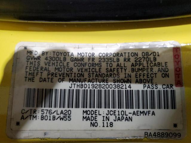 JTHBD192820038214 - 2002 LEXUS IS 300 YELLOW photo 12