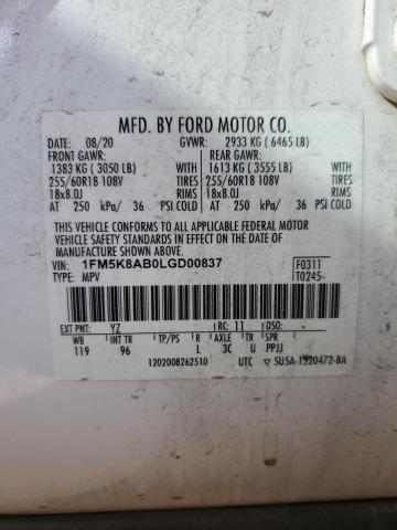 1FM5K8AB0LGD00837 - 2020 FORD EXPLORER POLICE INTERCEPTOR Blanc photo 12