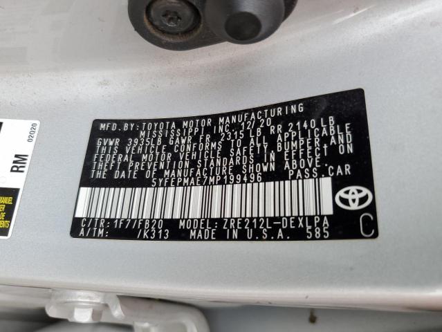 5YFEPMAE7MP199496 - 2021 TOYOTA COROLLA LE SILVER photo 12