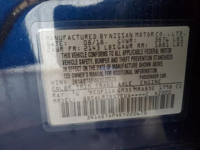 3N1AB7AP4KY220675 - 2019 NISSAN SENTRA S BLUE photo 12