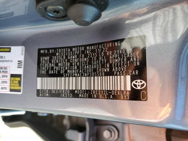 5YFEPMAE3NP385568 - 2022 TOYOTA COROLLA LE Көк фото 12