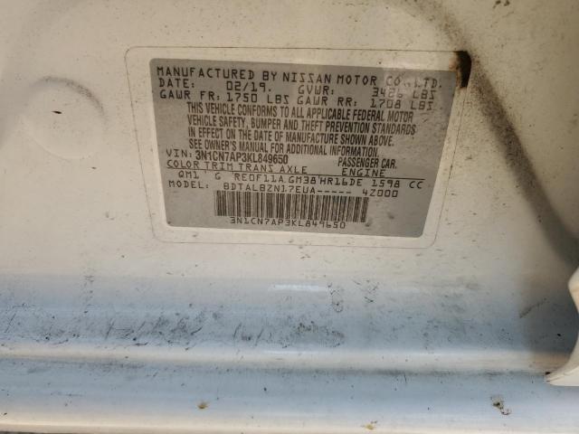 3N1CN7AP3KL849650 - 2019 NISSAN VERSA S WHITE photo 13