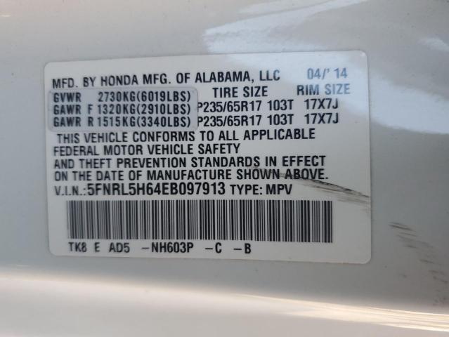 5FNRL5H64EB097913 - 2014 HONDA ODYSSEY EXL WHITE photo 13