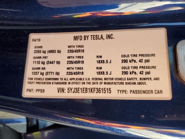 5YJ3E1EB1KF361515 - 2019 TESLA MODEL 3 蓝色 照片 12