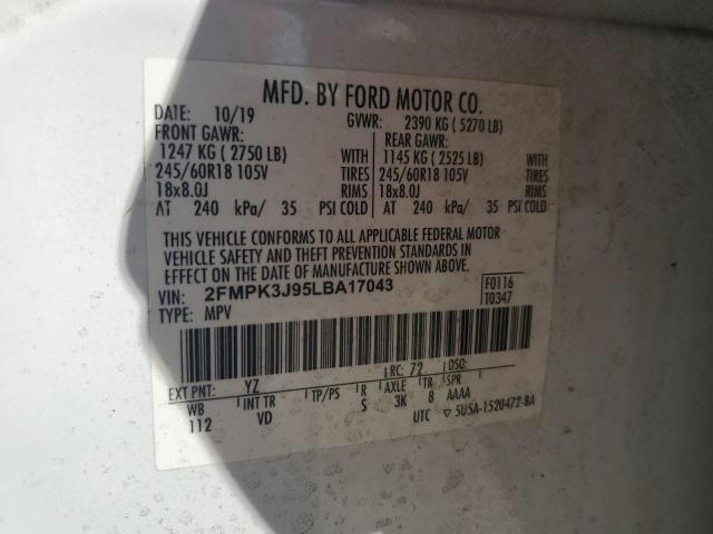 2FMPK3J95LBA17043 - 2020 FORD EDGE SEL WHITE photo 13