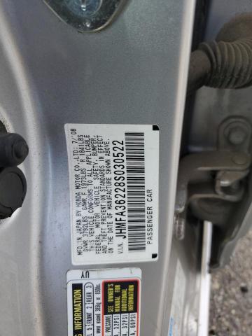JHMFA36228S030522 - 2008 HONDA CIVIC HYBRID SILVER photo 12
