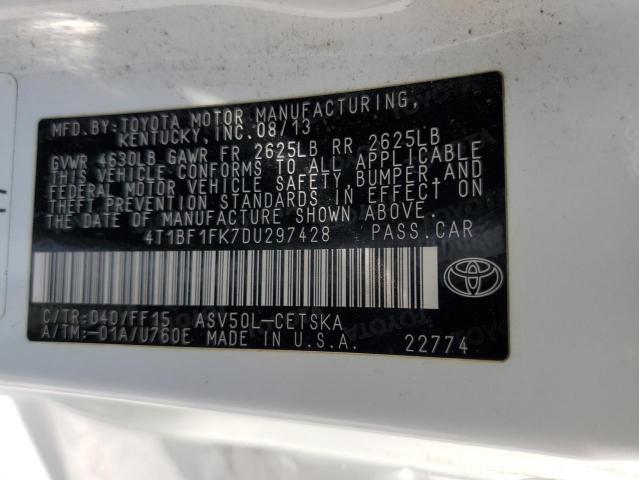 4T1BF1FK7DU297428 - 2013 TOYOTA CAMRY L WHITE photo 12