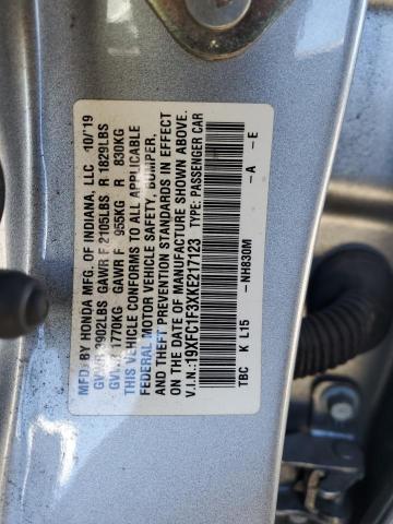 19XFC1F3XKE217123 - 2019 HONDA CIVIC EX SILVER photo 13