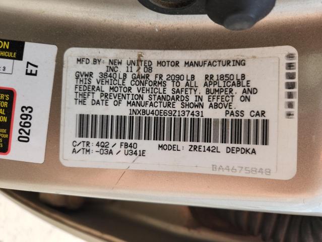 1NXBU40E69Z137431 - 2009 TOYOTA COROLLA BASE Bej foto 12