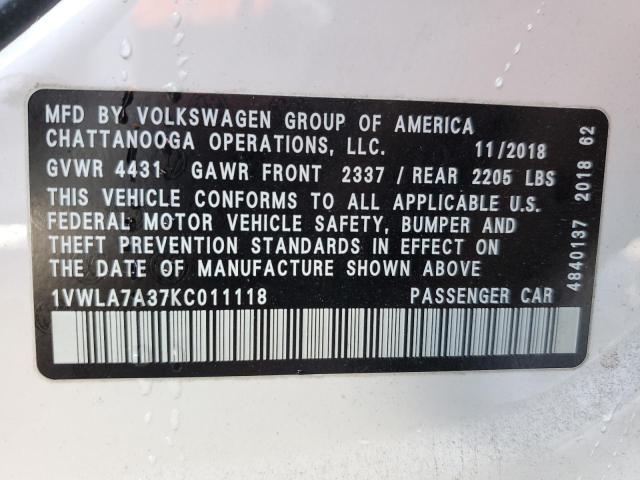 1VWLA7A37KC011118 - 2019 VOLKSWAGEN PASSAT WOLFSBURG WHITE photo 12