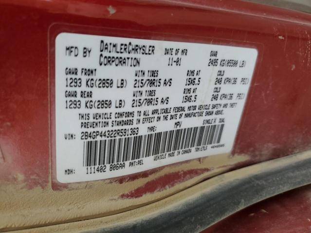 2B4GP44322R591363 - 2002 DODGE GRAND CARA SPORT RED photo 12