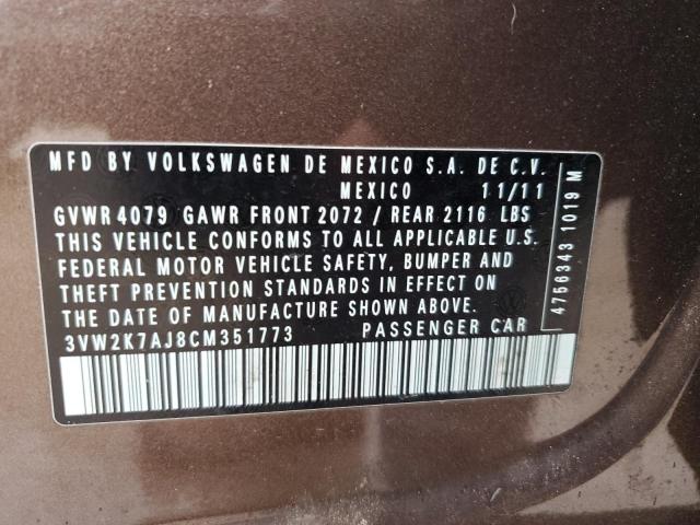 3VW2K7AJ8CM351773 - 2012 VOLKSWAGEN JETTA BASE BROWN photo 12