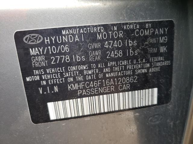 KMHFC46F16A120862 - 2006 HYUNDAI AZERA SE GRAY photo 12