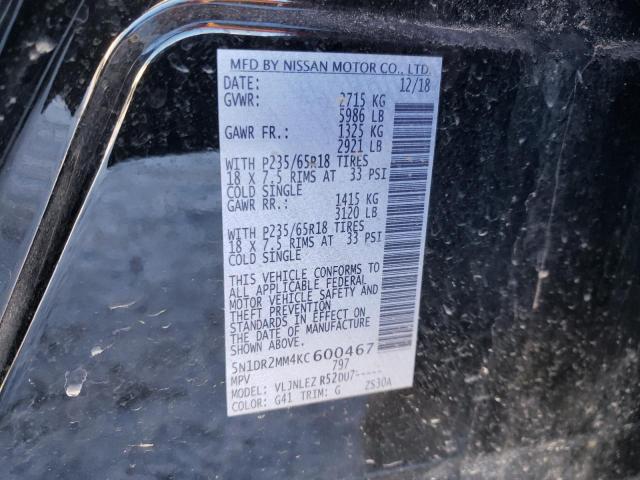 5N1DR2MM4KC600467 - 2019 NISSAN PATHFINDER S 黑色 照片 12