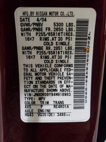 JN8DR09Y94W918983 - 2004 NISSAN PATHFINDER LE MAROON photo 13