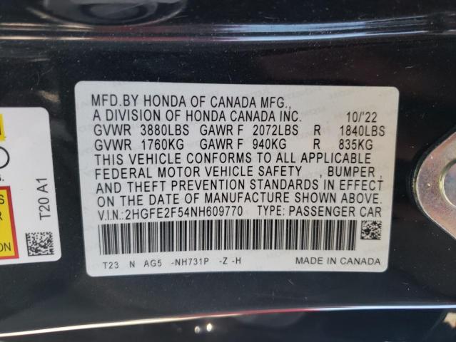 2HGFE2F54NH609770 - 2022 HONDA CIVIC SPORT 黑色 照片 12