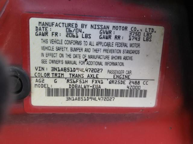 3N1AB51D94L472027 - 2004 NISSAN SENTRA SE-R SPEC V RED photo 12