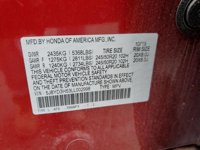 5J8YD3H53LL002998 - 2020 ACURA MDX TECHNOLOGY 红色 照片 13