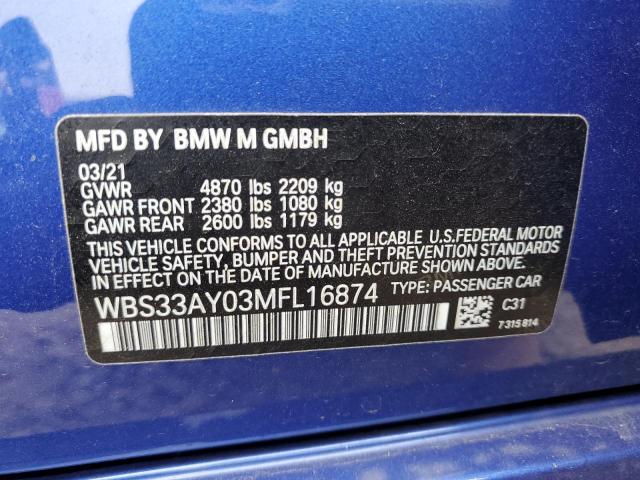 WBS33AY03MFL16874 - 2021 BMW M3 COMPETITION BLUE photo 12