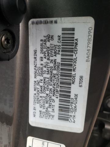 4T1BF32K02U510962 - 2002 TOYOTA CAMRY LE GRAY photo 12