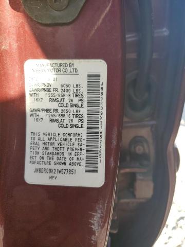 JN8DR09X21W577851 - 2001 NISSAN PATHFINDER LE 栗色 照片 12