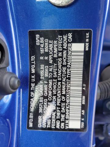 SHHFK7H6XKU219217 - 2019 HONDA CIVIC EX BLUE photo 12