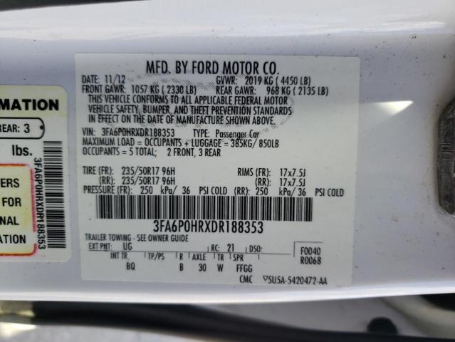 3FA6P0HRXDR188353 - 2013 FORD FUSION SE WHITE photo 12