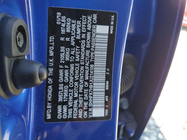 SHHFK7H91JU214108 - 2018 HONDA CIVIC SPORT TOURING BLUE photo 12