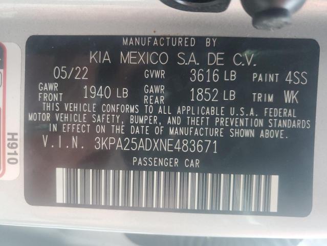 3KPA25ADXNE483671 - 2022 KIA RIO S SILVER photo 12