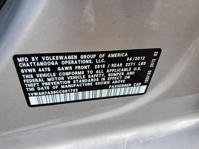 1VWAH7A38CC081702 - 2012 VOLKSWAGEN PASSAT S SILVER photo 12