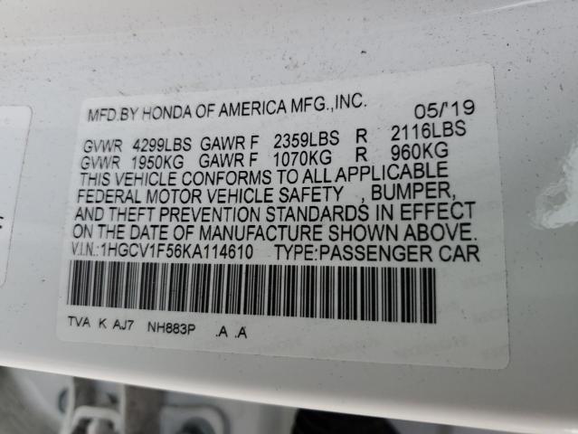 1HGCV1F56KA114610 - 2019 HONDA ACCORD EXL WHITE photo 12