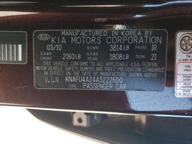 KNAFU4A24A5222600 - 2010 KIA FORTE EX MAROON photo 12