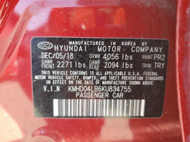 KMHD04LB6KU834755 - 2019 HYUNDAI ELANTRA SPORT RED photo 12