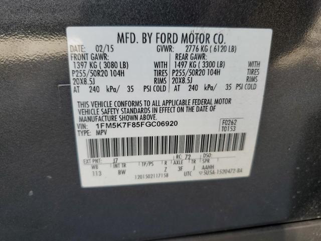 1FM5K7F85FGC06920 - 2015 FORD EXPLORER LIMITED CHARCOAL photo 14