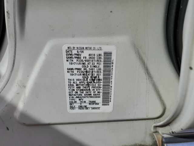 JN8AZ08T67W503696 - 2007 NISSAN MURANO SL WHITE photo 12