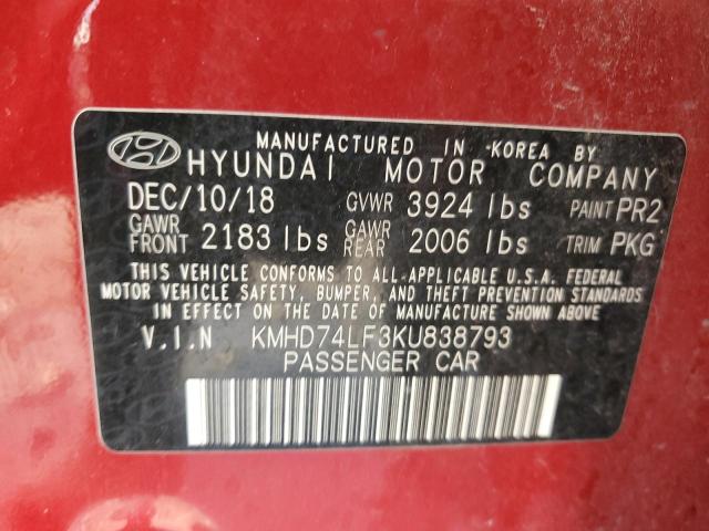 KMHD74LF3KU838793 - 2019 HYUNDAI ELANTRA SE RED photo 12