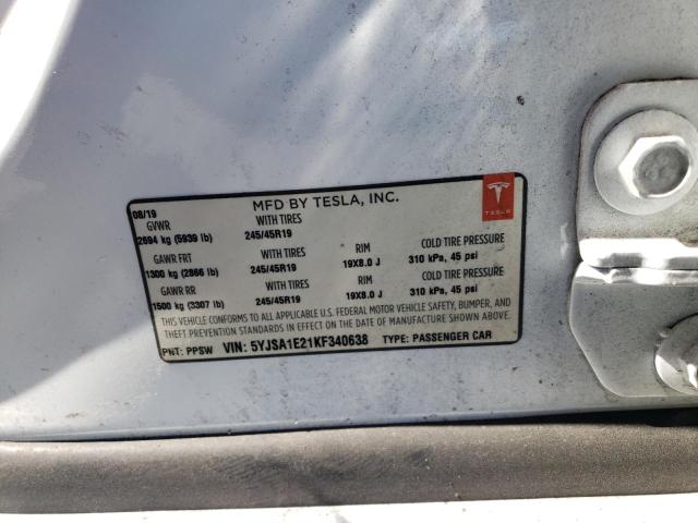 5YJSA1E21KF340638 - 2019 TESLA MODEL S თეთრი ფოტო 12
