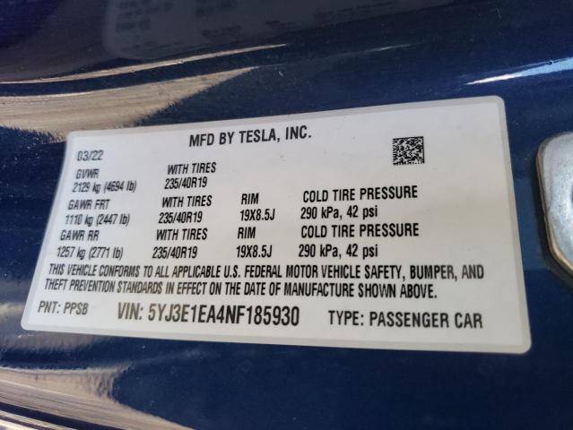 5YJ3E1EA4NF185930 - 2022 TESLA MODEL 3 BLUE photo 12